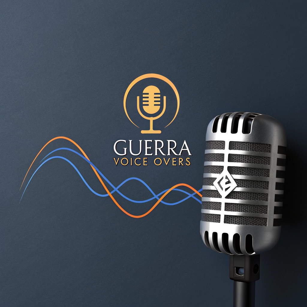 A professional and modern logo for 'Guerra Voice Overs'. The design should evoke sound waves, a microphone, or a sleek 'G' monogram, suggesting clarity and authority. Use a professional color palette like deep blues, charcoal, and a touch of gold or vibrant orange.